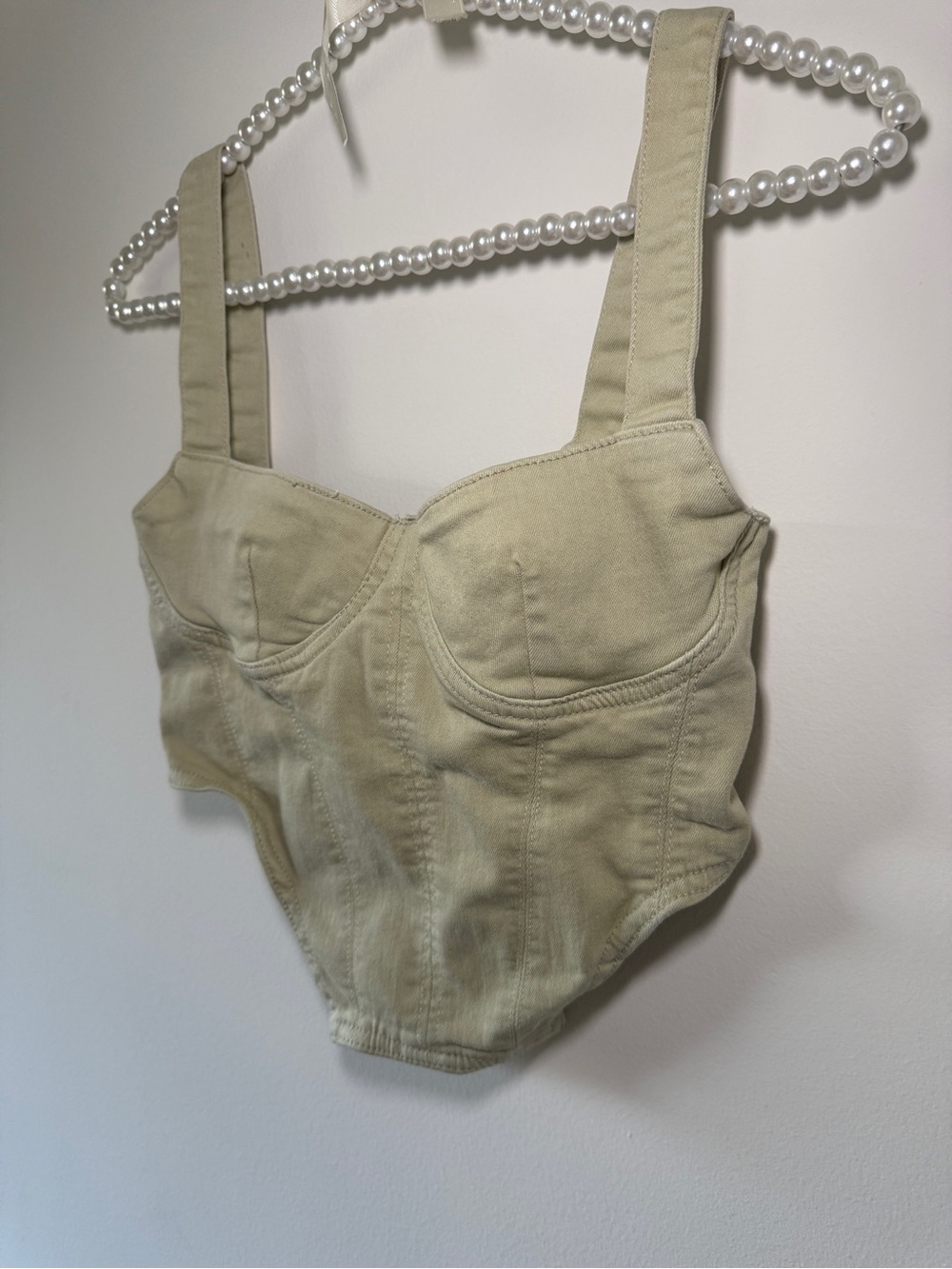 Zara Sage Green Denim Corset Bustier Crop Top Size S